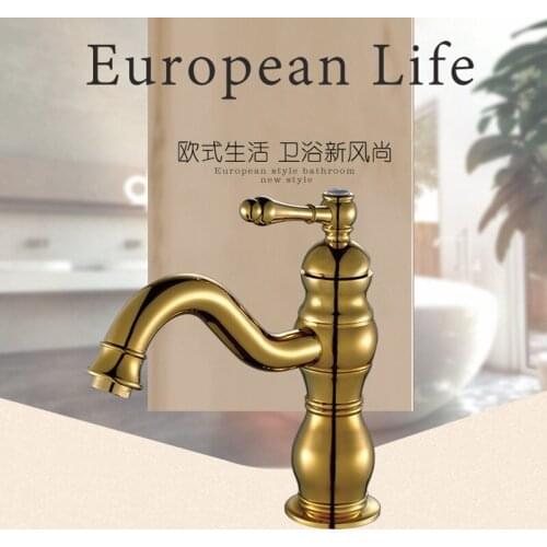 Free Shipping Luxury brass golden basin faucet with single handle basin faucet and deck mounted gold bathroom mixer tap