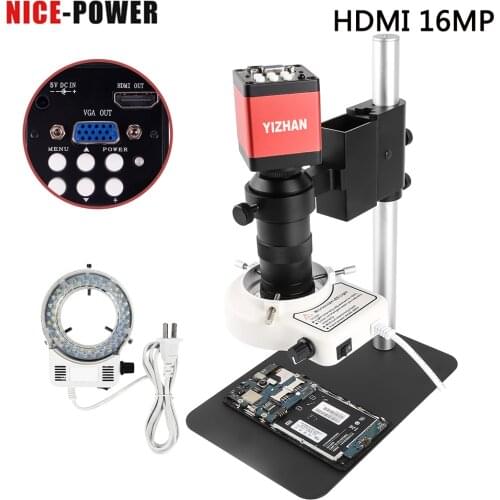 16MP 1080P 60F/S Digital Microscope Set HDMI VGA Video Camera + 130X C Mount Lens 56 LED Ring Light Lamp Phone Soldering Tools