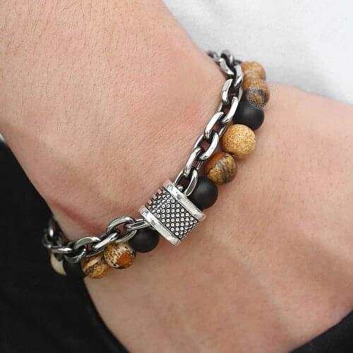 Double Layers Brown Mens Bracelets Stone Beaded Stainless Steel OT Buckle Beaded Bracelets for Men Link Chain LDB194