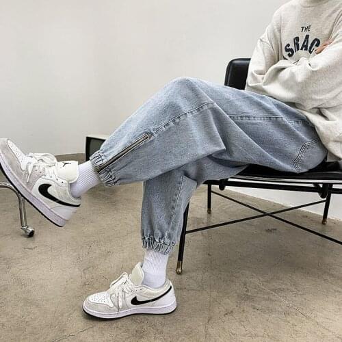 Washed Harem Jeans Mens Trend Loose Zipper Buckle Feet Nine-point Pants Streetwear Hiphop Denim Trousers Spring Autumn Jean