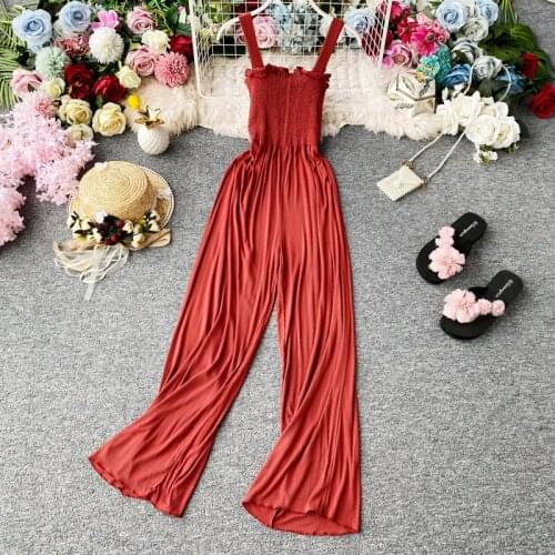 HISUMA summer new women strap slash neck sleeveless slim chiffon wide leg jumpsuit female elegant waist fairy jumpsuits bodysuit