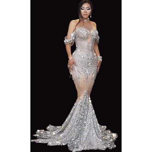 Stage show costume Rhinestones White Fringes Dress Womens Birthday Prom Celebrate Outfit Bar Evening Women Dancer Dress