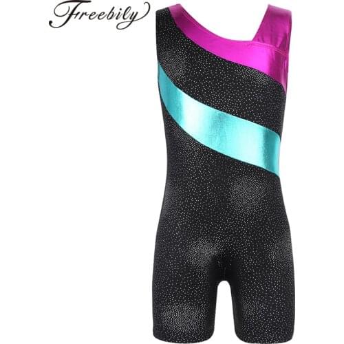 Kids Teens Sleeveless Shiny Splice Ballet Dance Leotard Girls Gymnastics Leotard Sports Jumpsuit Unitard Gym Swimsuit Bodysuit