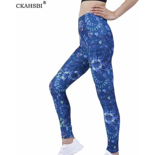 CKAHSBI Women Legging Fitness Push Up High Waist Workout Mujer New Gym Retro Blue Floral Polyester Breathable Printed Clothes