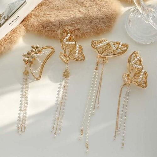 Metal Butterfly Flower with Pearls Tassel Hair Claws Women Elegant Hairstyle Make Tools Hair Clips Hair Jewelry Accessories