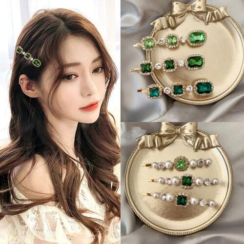 Fashion Rhinestone Pearl Hair Pins Women Round Square Green Crystal Hair Clips Female Korean Style Hairwear Hairpins
