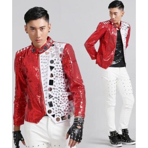 Men suits designs lens rivets rock stage costumes for singers men red sequin blazer dance clothes jacket dress punk fashion
