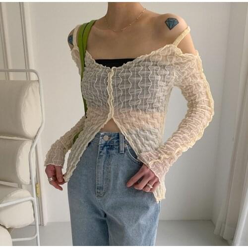 MyErato Wavy Open Fork Off Shoulder Long Sleeve T-shirt Woman Autumn Mesh Transparent Sexy Crop Top Fairy Grunge Y2K Streetwear