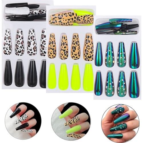 24Pcs Glitter Long Detachable False Nails Set French Fake Nail Tips Ballet Coffin With Rhinestones Press on Manicure Art Tool