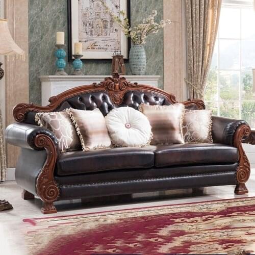 European-style Leather Sofa Set Combination American Solid Wood Living Room Furniture Small Apartment Leather Art 1/2/3 Seats