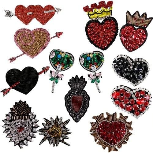 2Pcs Rhinestone Beaded Heart Shaped Patch for Clothing Sewing on Beading Applique Shirt Shoes Bags DIY Decoration Patches Craft