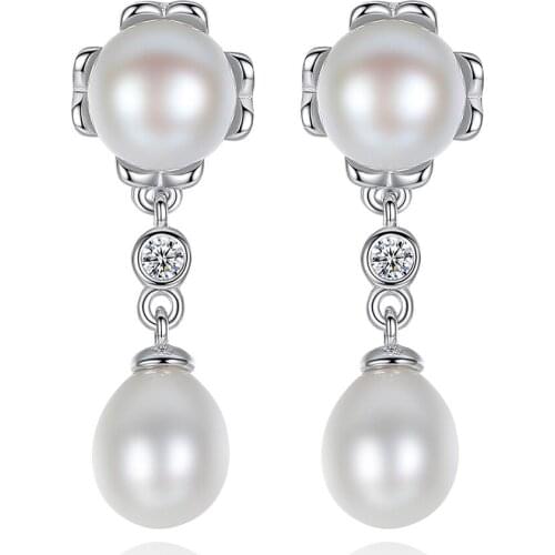 MetJakt S925 Sterling Silver Micro-Inlaid 3A Zircon Freshwater Pearl Simple All-match Womens Ear Pendant