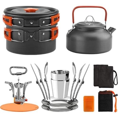 Camping Utensils Dishes Cookware Set Picnic Hiking Heat Exchanger Pot Kettle Outdoor Tourism Tableware