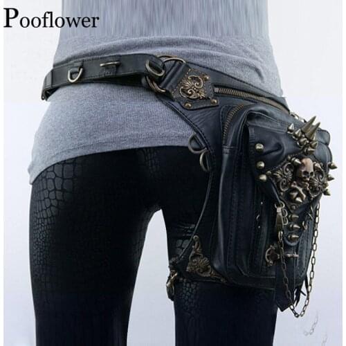 Pooflower Multi-function Steampunk Black PU Leather Rivet Waist Bag for Women Men Unisex Moto Waist Belt Bag Phone Pouch ZH067