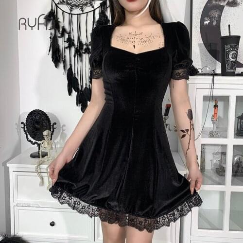 RYFIX Vintage Lace Black Dress Sexy High Waist Mini Dress Aesthetic Elegant Short Sleeve A Line Dress Party Club Wear Vestidos