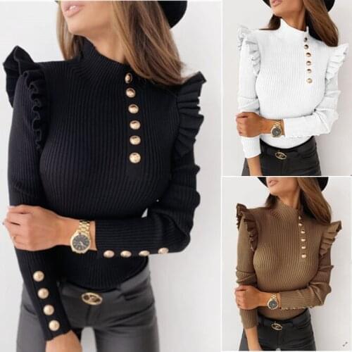 Elegant Women Autumn Winter Warm Sweaters Single-breasted Design Ruffles Decor High Collar Long Sleeve Solid Slim Knitted Top