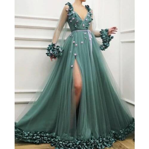 3D Flower Long Sleeve V Neck Evening Dresses High Split A Line Long Formal Party Gowns Robe De Soiree