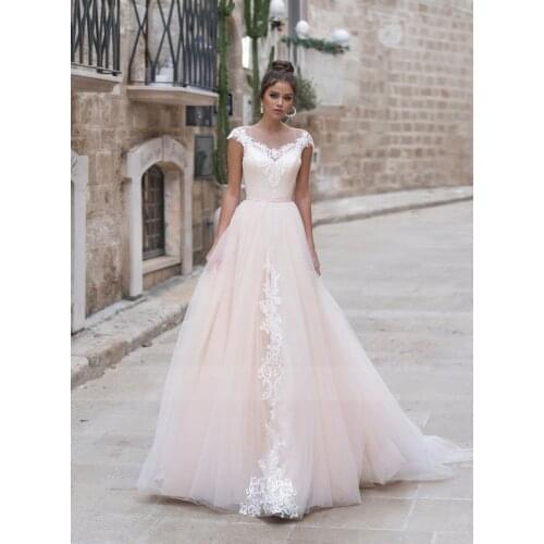 Vestido De Noiva Illusion Scoop Neck Tulle Lace Applique Cap Sleeve Mine Wedding Dresses 2021 Modest Wedding Gowns