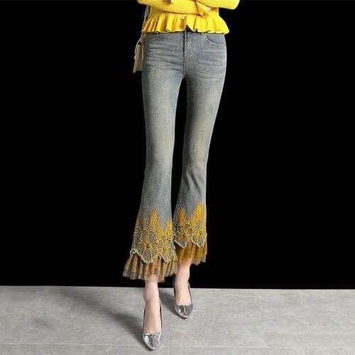 Streetwear Embroidered Flare Jeans For Women Fashion 2021 New Vintage Denim Pants Femalen High Waisted Trousers Vaqueros Mujer