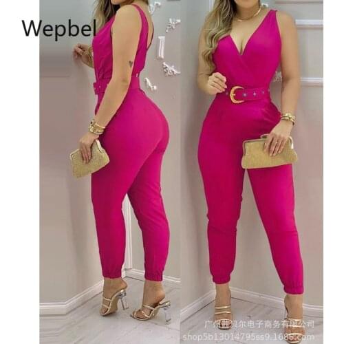Wepbel High Waist Sleeveless Rompers Jumpsuit Red V-neck Women Jumpsuits Leisure One-Piece Suit Solid Color V-neck Jumpsuits