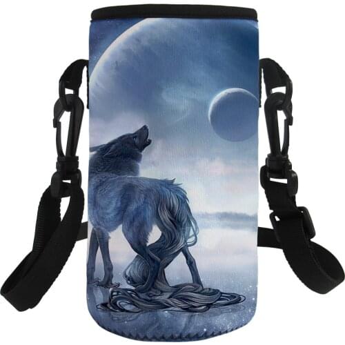 2021 3D Wolf Printed Water Bottle Sleeve Insulated Neoprene Carrier Bottle Cover for 500-1000ML Water Bottle with Shoulder Strap