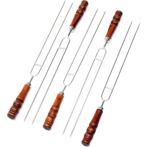 5Pcs BBQ Forks Stainless Steel Wood Handle Meat Skewer Tool with Carry Bag for Outdoor Travel Camping Barbecue