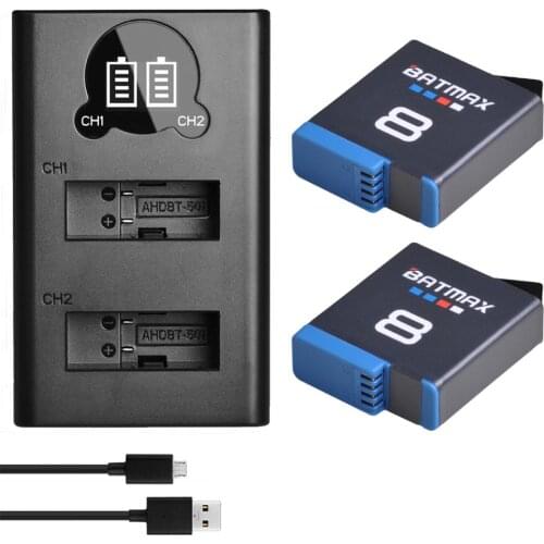 Batmax for GoPro Hero 8 hero 7 hero8 6 Hero 5 Black Battery Akkus + USB LCD Charger Type C for Go Pro Hero 8 Cameras