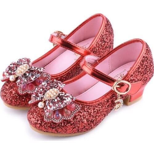 2019 Princess Kids Leather Shoes For Girls Flower Casual Glitter Children High Heel Girls Shoes Butterfly Knot Blue Pink Silver