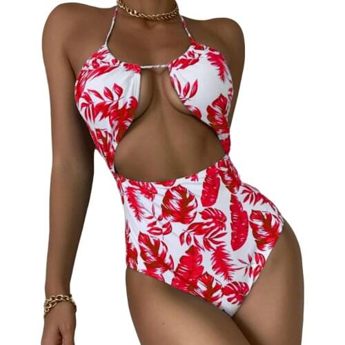 Womens Printed One-piece Swimsuit Front Hollowed High Waist Triangle Halter Swimwear for Beach Swimming