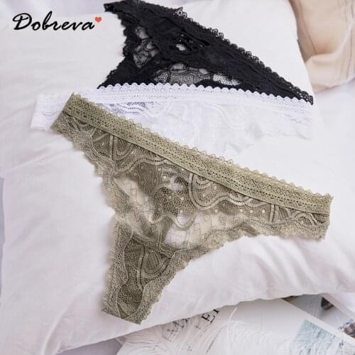 DOBREVA Womens Lace See Through Cheeky Thong Sexy Panties