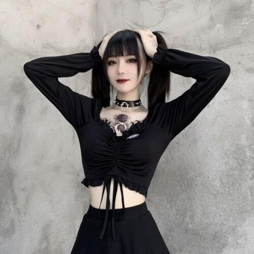 European and American Fashion Y2k Tops Womens Retro Sexy Navel Crop Top Pleated Bell Sleeves V-neck Long-sleeved T-shirt Women