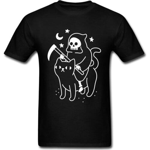 Grim Death Rides A Black Cat T-Shirt Funky Short Sleeve Unique Men Tees All Cotton Round Neck Men Tee Shirts Summer Sweater