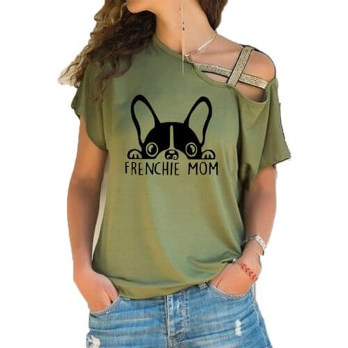 Summer Frenchie Mom Fashion French Bulldog Mom Print T Shirt Women Short Sleeve T-shirt Irregular Skew Cross Bandage Tee Tops