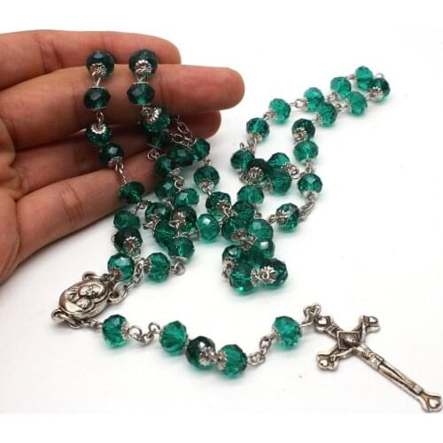 Catholic Green Crystal Rosary Crucifix Cross Pendant Necklace Jesus Christ Virgin Mary Jewelry Church Prayer Supplies