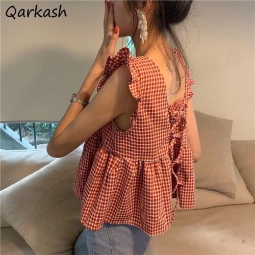 Tanks Women Plaid Ruffles Vintage Design College Summer Soft Leisure Fashion Korean Style 3 Colors Loose All-match Popular Ins