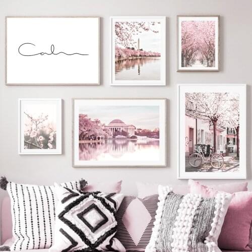 Pink Flower Building Girl Bicycle Quotes Wall Art Canvas Painting Nordic Posters And Prints Wall Pictures For Living Room Decor