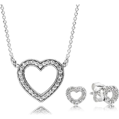 NEW 100% 925 Sterling Silver Loving Hearts Necklace and Earring Set Clear CZ Fit European Girl Original Charms DIY Jewelry Gift