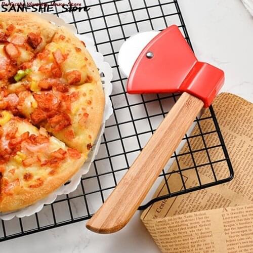 Bijl Bamboe Handvat Pizza Cutter Roterende Blade Thuis Keuken Snijgereedschap