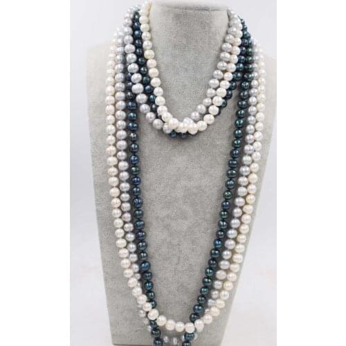 Freshwater pearl white black gray near round 9-10mm necklace 17/30/45inch FPPJ wholesale beads nature