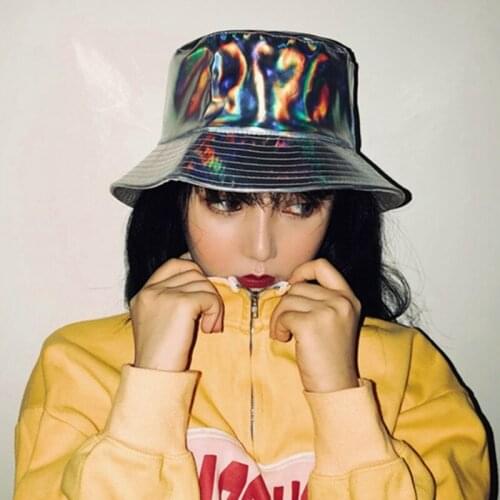 Unisex Fashion Silver Bright Bucket Leather Panama Hat Lids Summer Hat Sun Hat Fishing Clubs Punk Stage Decor Streetwear 925-042