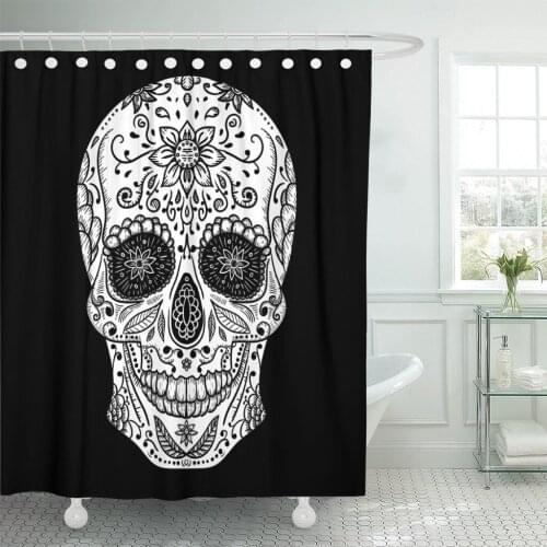 Rock Mexican Skull Tattoo Black and White Sugar Flower Shower Curtain Waterproof 72 x 72 Inches Set with Hooks