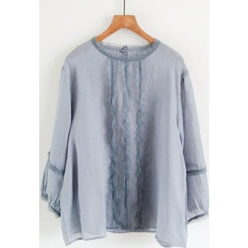 Thin Lace Linen Women Blouse Solid O-Neck Long-Sleeved Casual All Match Elegant Office Lady Pulls Tops