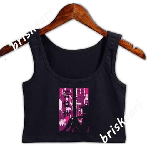 Japan City Tokyo Street Manga Girl Kanji Crop Top Building Summer Style Round Neck Tops Customize Clothes Pictures Cute Vest