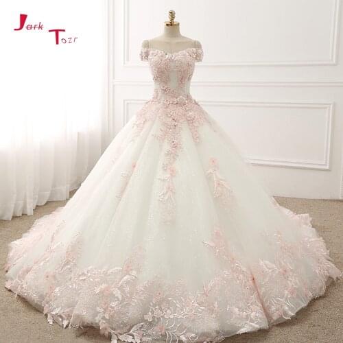 Jark Tozr Custom Made Short Sleeve Full Shiny Beading Crystal Light Pink Appliques Flowers Princess Ball Gown Wedding Dress 2019