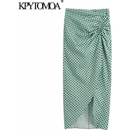 KPYTOMOA Women 2021 Fashion With Gathered Polka Dot Slit Linen Midi Skirt Vintage High Waist Back Zipper Female Skirts Mujer