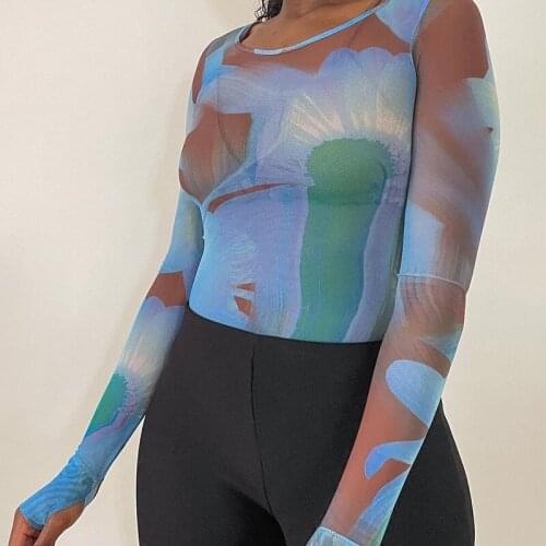 Thorn Tree Mesh Sheer See Through T-shirts Crop Tops Club Streetwear 2021 Y2K Sexy Women Tie Dyeing Print Long Sleeve T-shirts