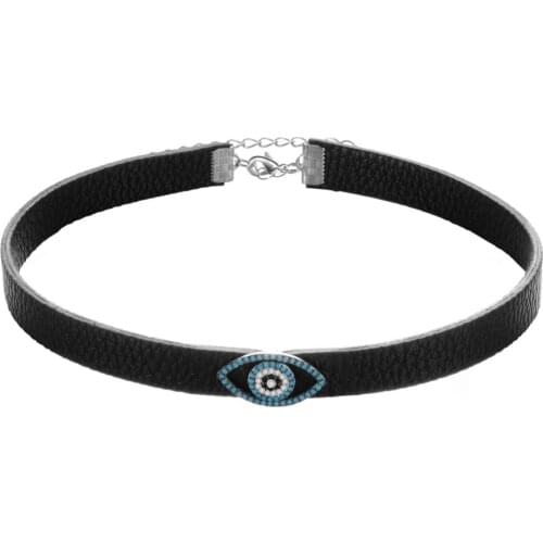 Womens Fashion Jewelry Cubic Zirconia Blue eye Black Gothic Leather Collar Choker Necklaces for Girls Promotion Birthday Gifts