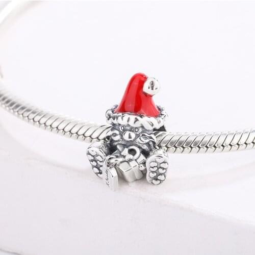925 Sterling Silver Red Enamel Hat Seated Santa Claus & Present Charm Bracelet DIY Jewelry Making For Original Pandora
