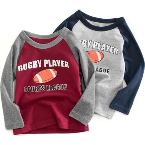 27Kids Boys Rugby Pattern Childrens T-shirts Autumn Cartoon kids Shirts Casual Crew Neck for Long Sleeve Top Baby Clothes