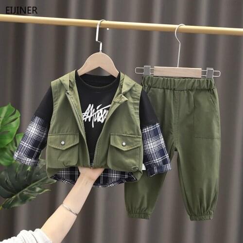 Children Boys Clothes Set Handsome Cool Boys Spring Bottoming Vest+ Long-sleeved T-shirt+Pant Kids 3pcs Hooded Vest Suit Sets